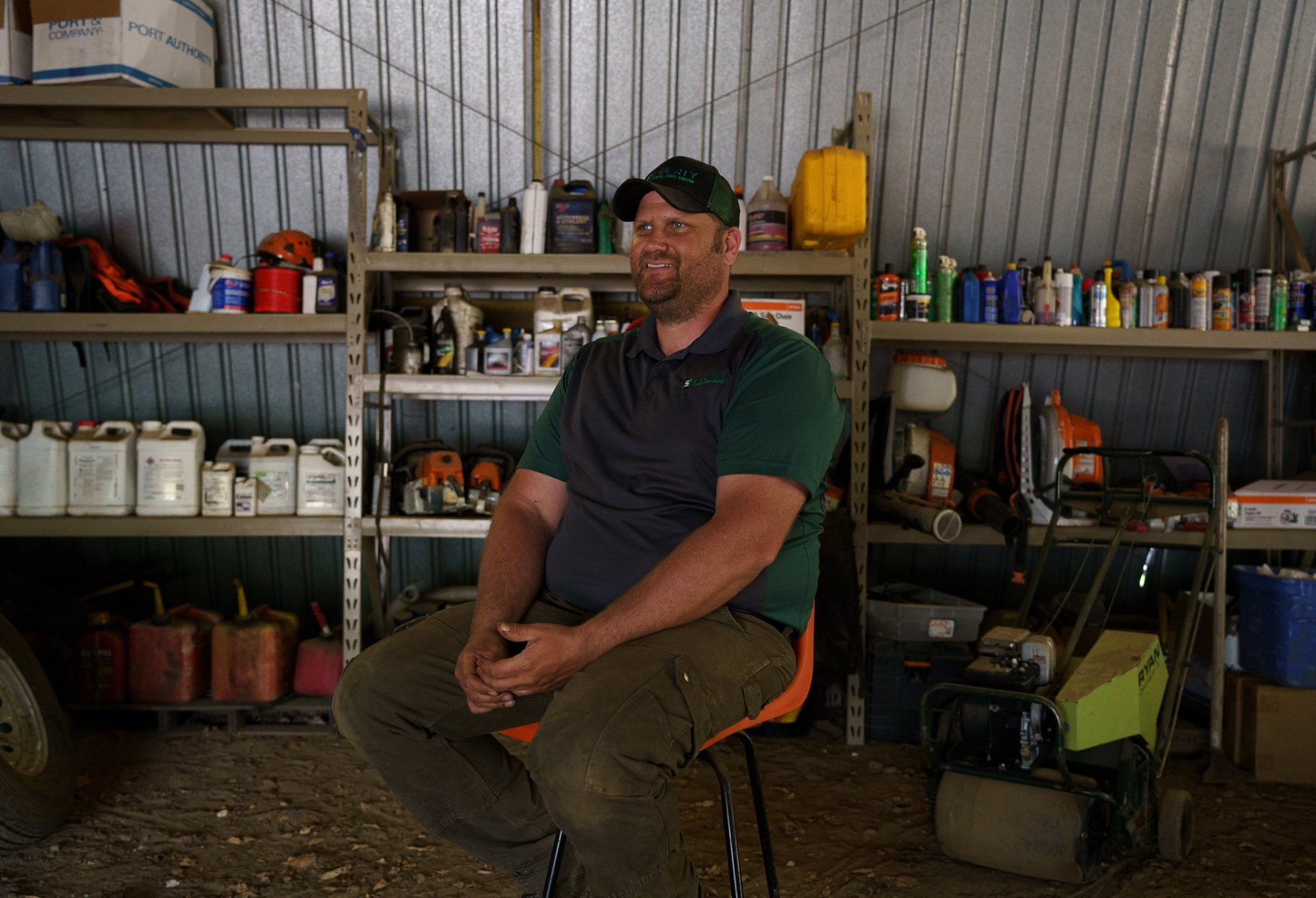 Tom, owner of Liberty Lawn & Snow, in the company shop in Rockford, MN